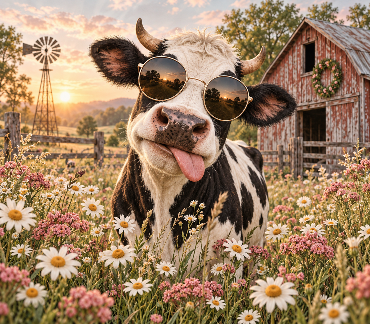 Sunglasses Cow Wildflower Sunset Tumbler Wrap