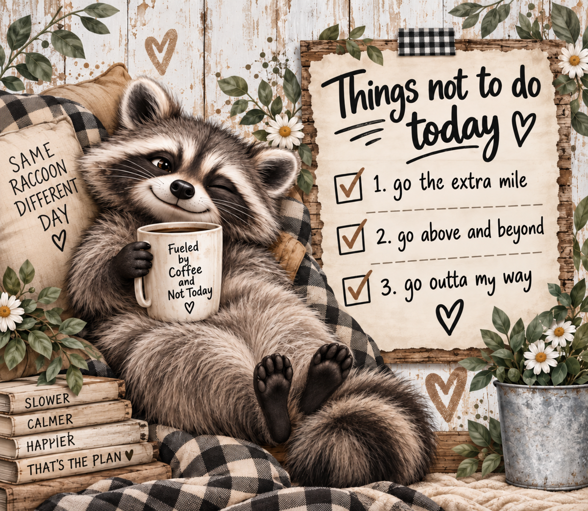 Cozy Raccoon Coffee Checklist Tumbler Wrap