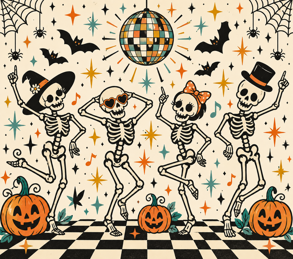 Dancing Halloween Skeletons Tumbler Wrap Sublimation Design