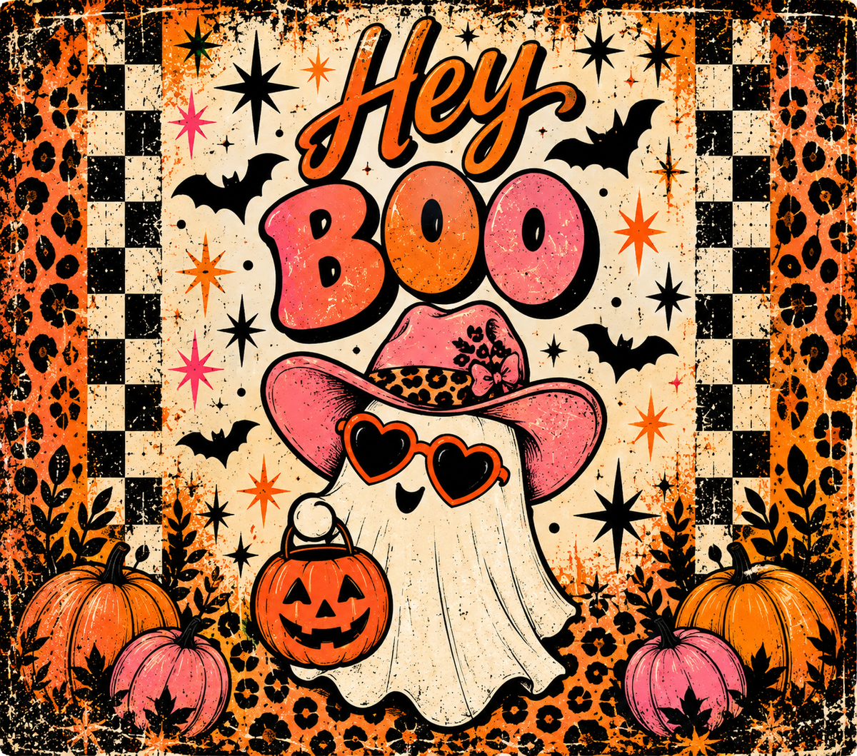 Hey Boo Retro Halloween Tumbler Wrap Sublimation Design