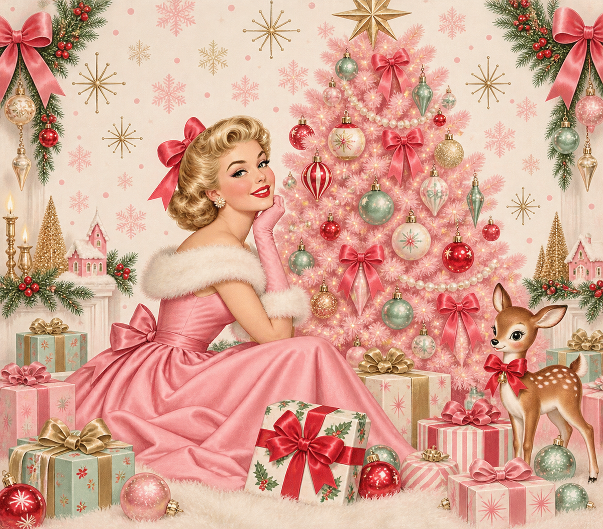 Pink Retro Christmas Tree and Gifts Tumbler Wrap Sublimation Design