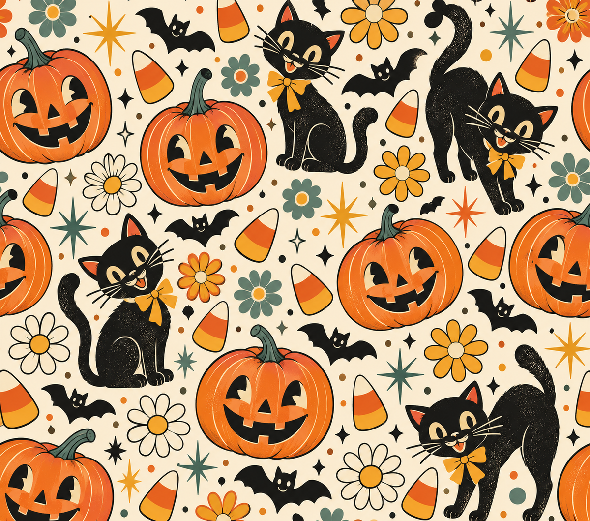 Retro Halloween Cats Bats and Pumpkins Tumbler Wrap Sublimation Design