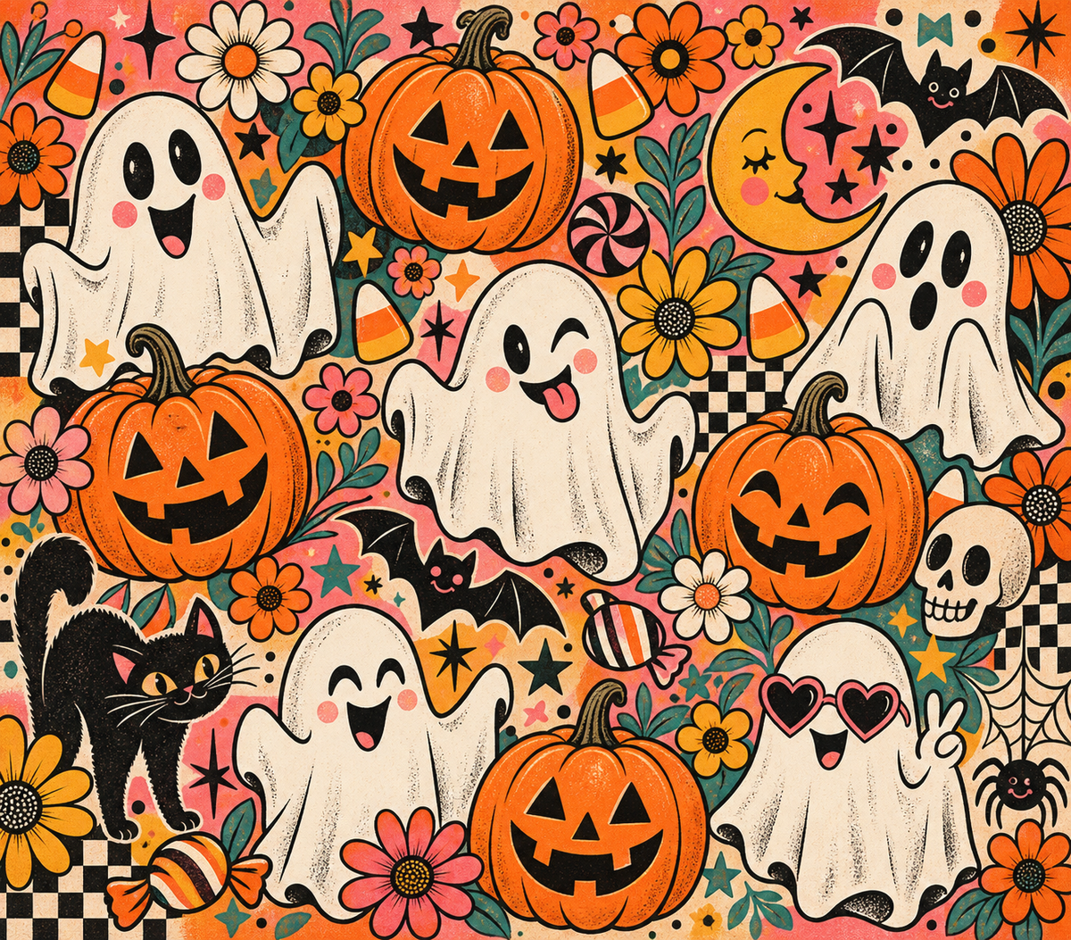 Retro Halloween ghosts and pumpkins