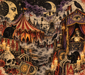 Retro horror carnival digital sublimation design featuring skulls, tarot cards, fortune teller, circus tents, and crescent moon