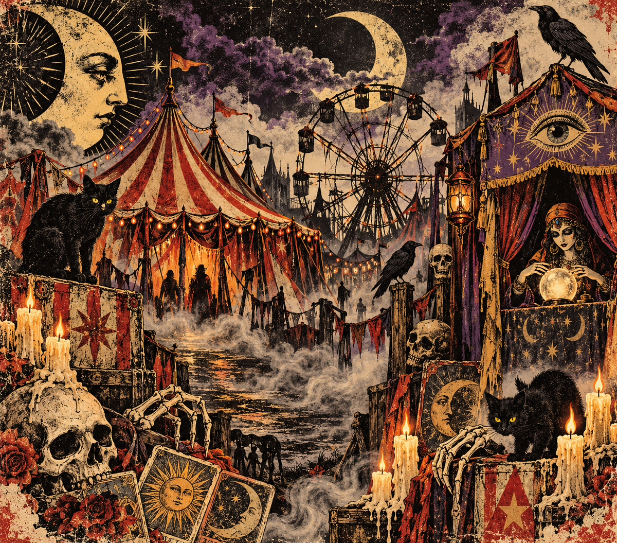 Retro horror carnival digital sublimation design featuring skulls, tarot cards, fortune teller, circus tents, and crescent moon