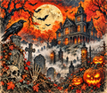 Retro horror haunted mansion tumbler wrap sublimation design featuring Victorian mansion, graveyard, jack-o-lanterns, raven, full moon, and bats