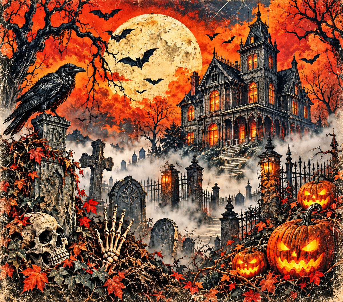 Retro horror haunted mansion tumbler wrap sublimation design featuring Victorian mansion, graveyard, jack-o-lanterns, raven, full moon, and bats