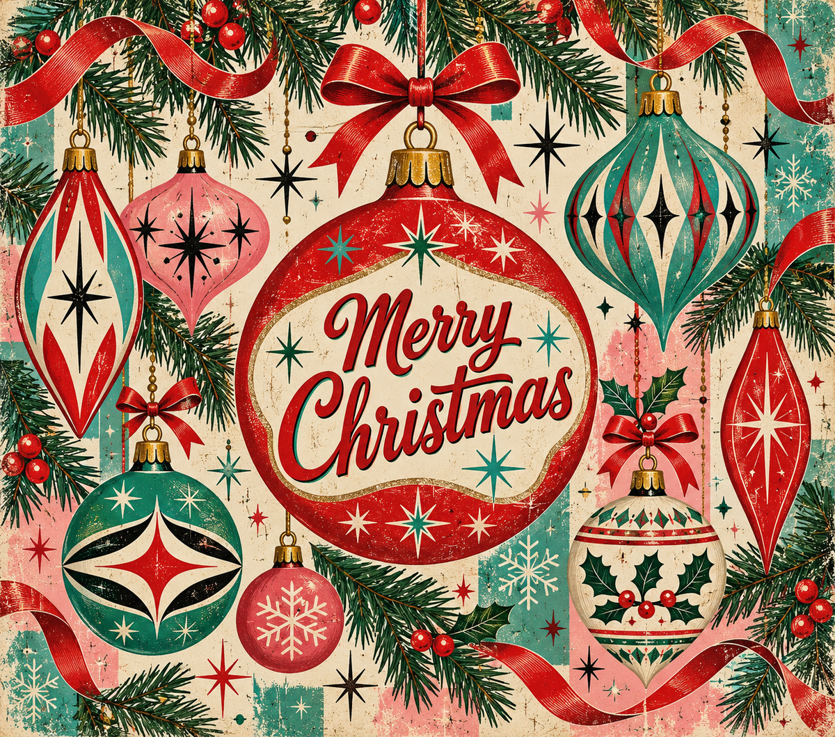 Retro Merry Christmas Ornament Tumbler Wrap Sublimation Design