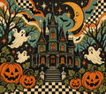 Retro Spooky House and Pumpkins Tumbler Wrap Sublimation Design