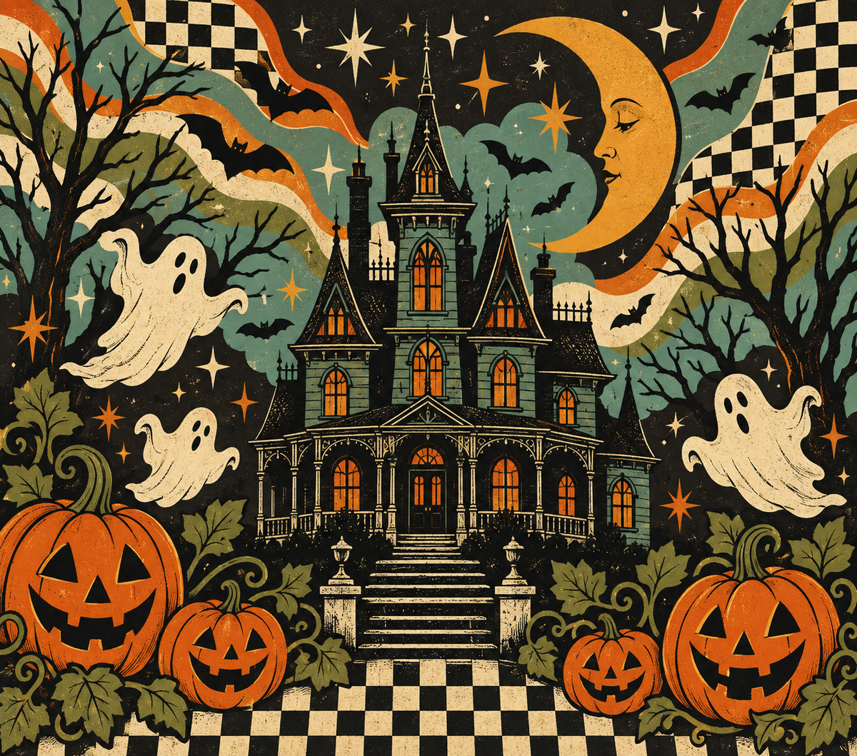 Retro Spooky House and Pumpkins Tumbler Wrap Sublimation Design