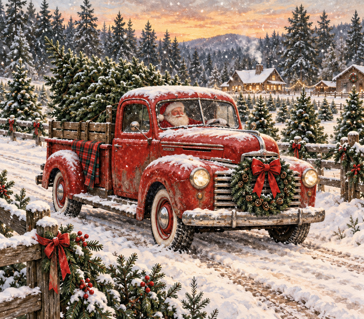 Retro Christmas Santa Driving Truck Snow Scene Tumbler Wrap