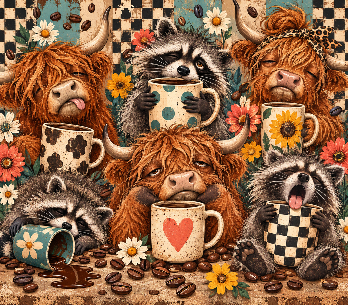 Sleepy raccoons and coffee loving cows