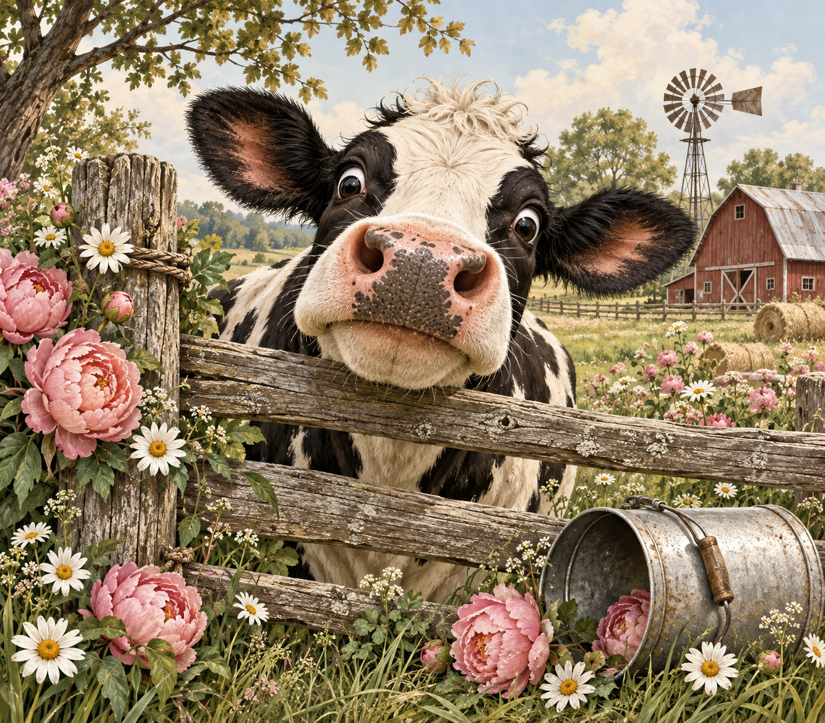Surprised Cow at the Split Rail Fence