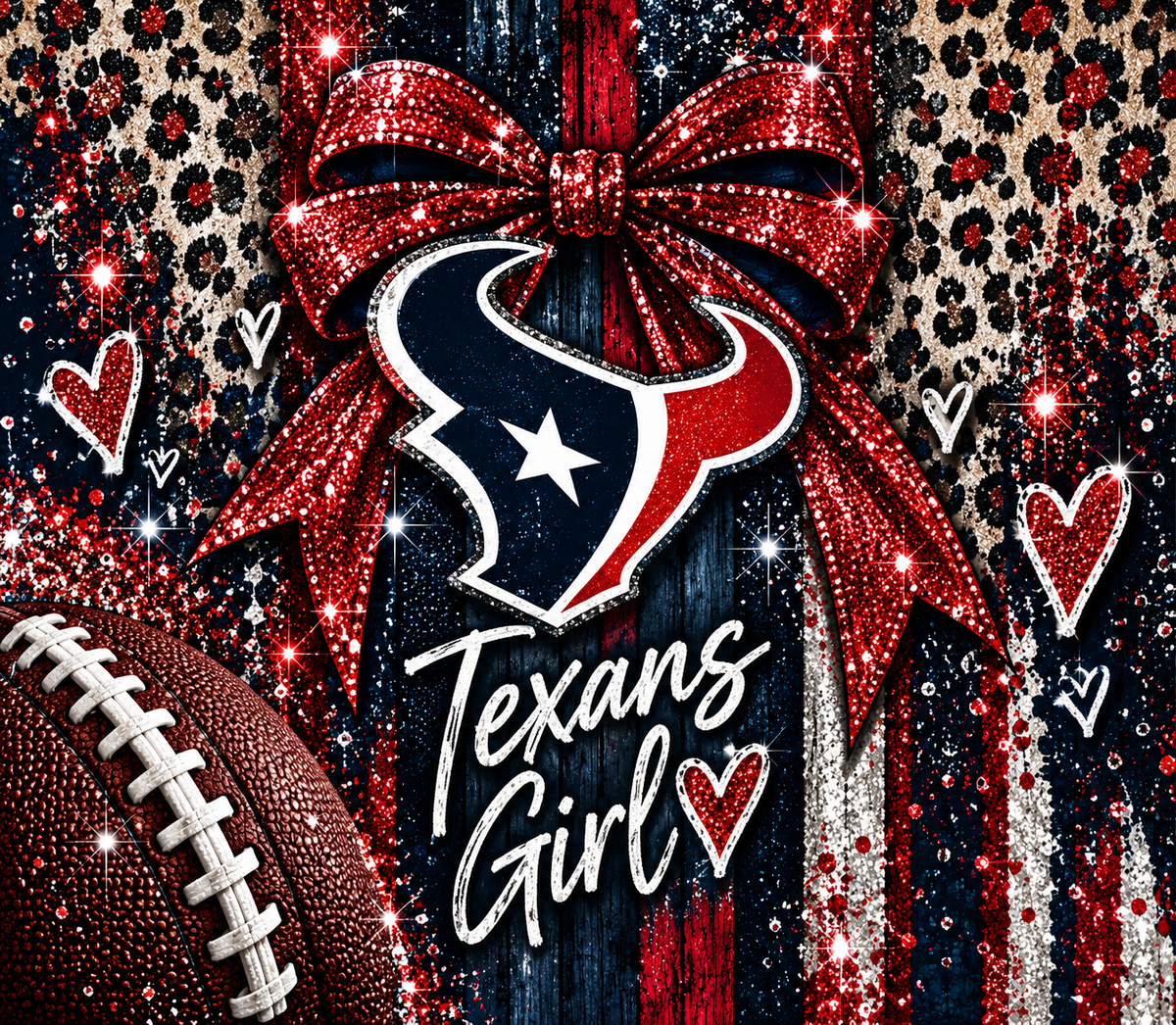 Texans Girl Glitter Bow Leopard Tumbler Wrap