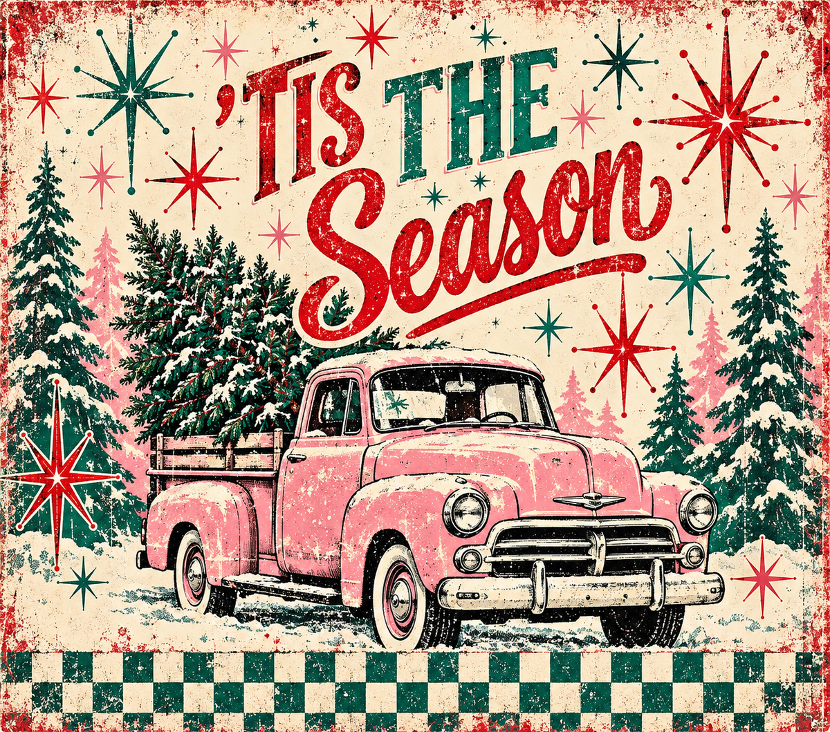 Tis the Season Retro Pink Truck Tumbler Wrap Sublimation Design