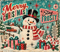 Vintage Merry Christmas Snowman Scene