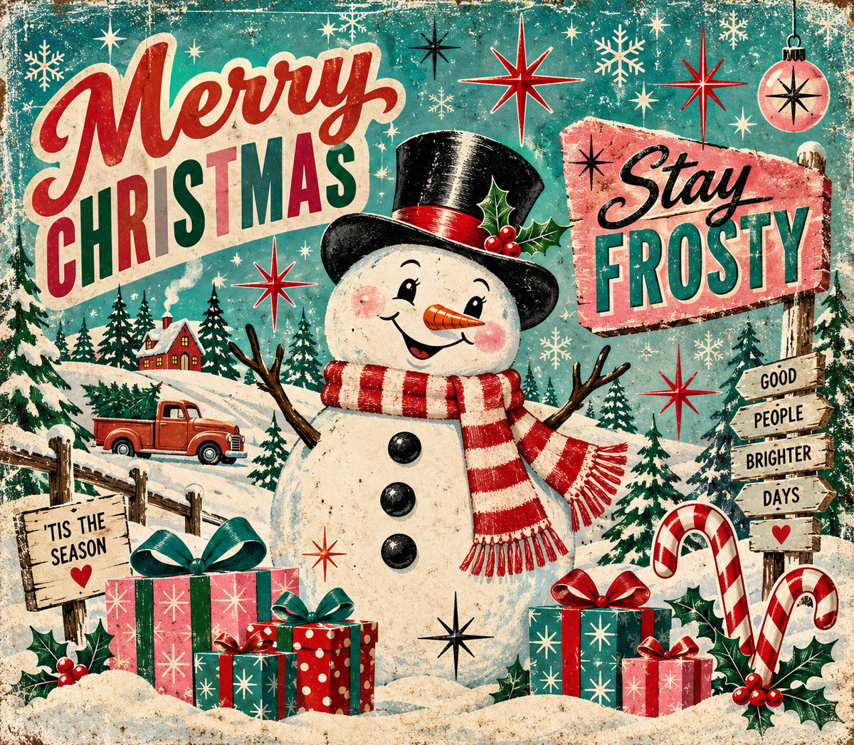 Vintage Merry Christmas Snowman Scene