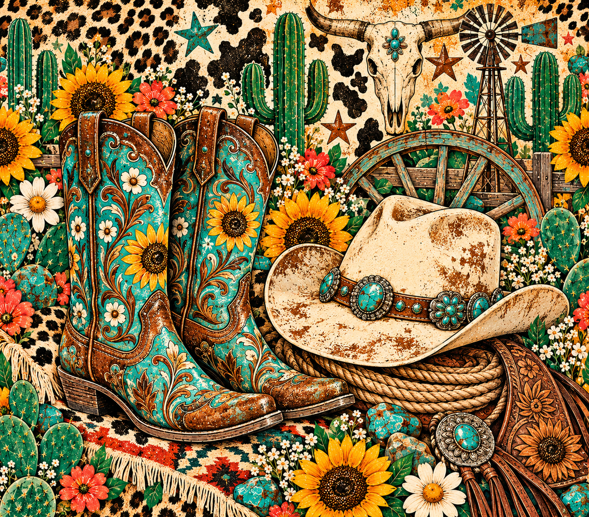 Vintage Turquoise Cowgirl Boot Collage Tumbler Wrap