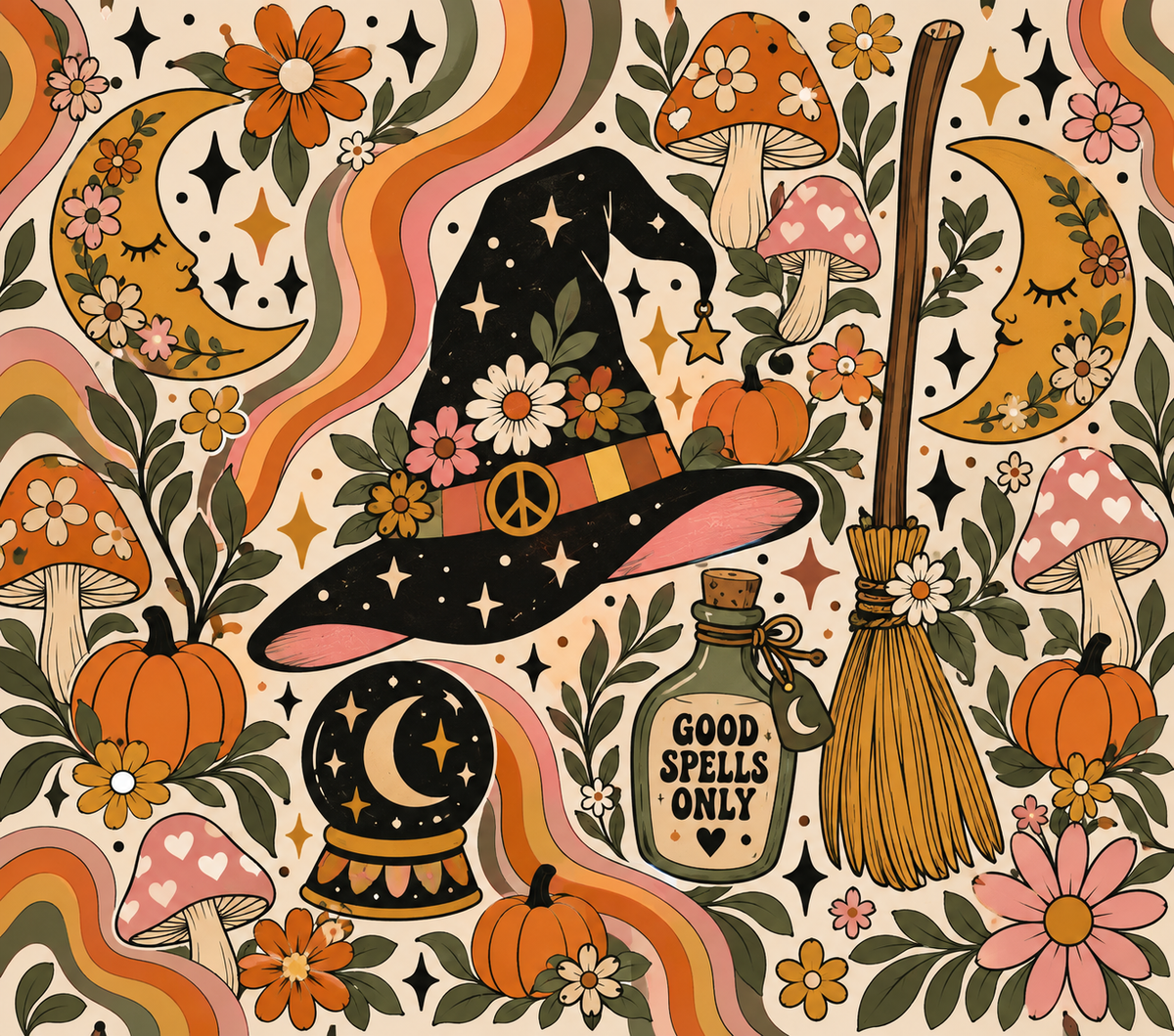 Witch Hat Retro Tumbler Wrap Sublimation Design