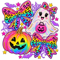 Boujee neon ghost and pumpkin PNG with rainbow leopard bows, holographic ghost, jack-o-lantern, stars and bats