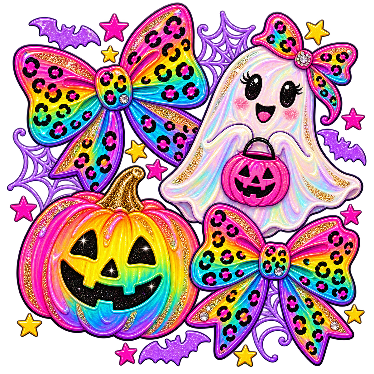 Boujee neon ghost and pumpkin PNG with rainbow leopard bows, holographic ghost, jack-o-lantern, stars and bats