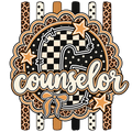 Counselor tumbler wrap PNG with checkered football helmet, leopard print stripes, gold stars, and script counselor text