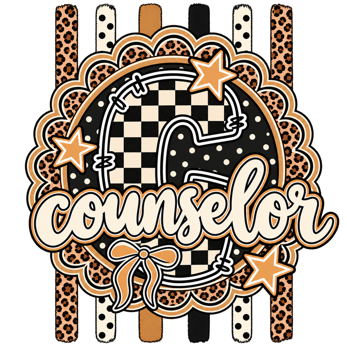 Counselor tumbler wrap PNG with checkered football helmet, leopard print stripes, gold stars, and script counselor text