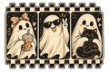 Cute ghost trio retro stamp PNG with boba ghost, sunglasses peace ghost, and black cat ghost in checkered frame
