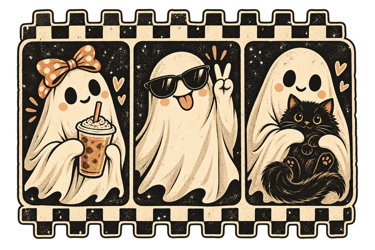Cute ghost trio retro stamp PNG with boba ghost, sunglasses peace ghost, and black cat ghost in checkered frame