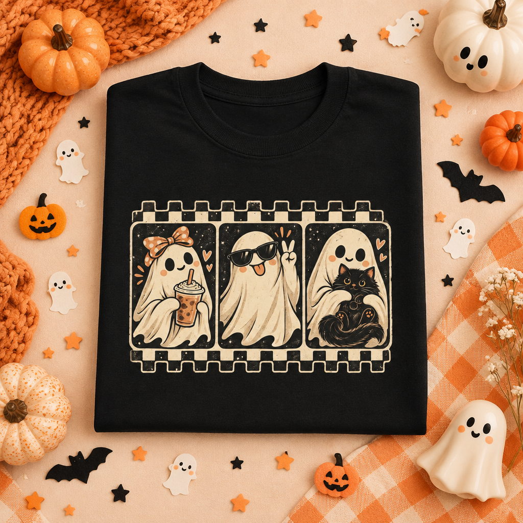 Ghost Trio Black Tee Cute Background Mockup