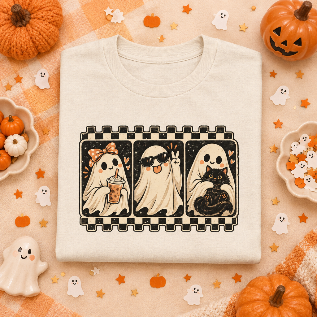 Ghost Trio Natural Tee Cute Background Mockup