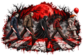 Horror Icons Crosswalk PNG – Michael Myers, Jason Voorhees, Ghostface, Freddy Krueger, and Pennywise crossing a blood-soaked road under a red moon