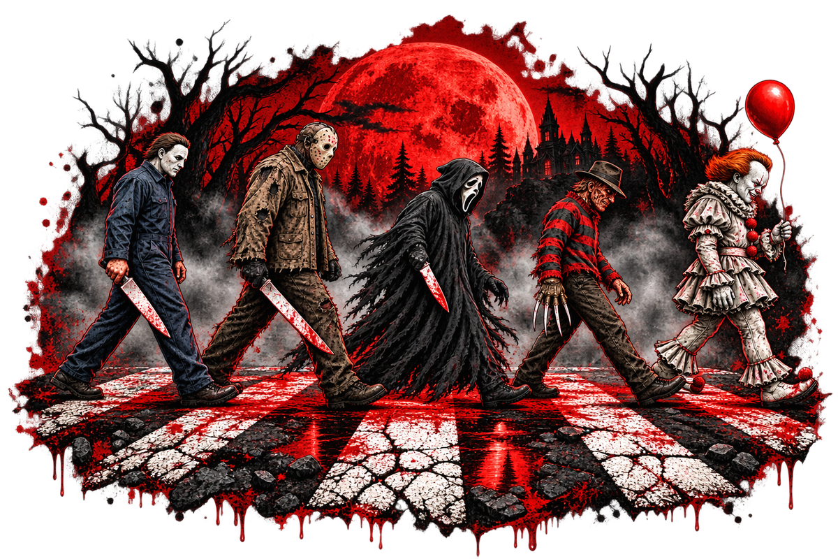 Horror Icons Crosswalk PNG – Michael Myers, Jason Voorhees, Ghostface, Freddy Krueger, and Pennywise crossing a blood-soaked road under a red moon
