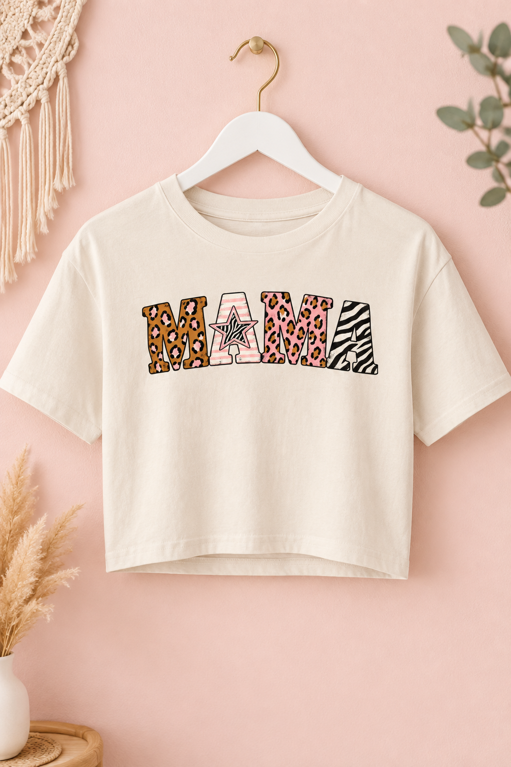 Mama Patchwork Animal Print Crop Top on hanger mockup