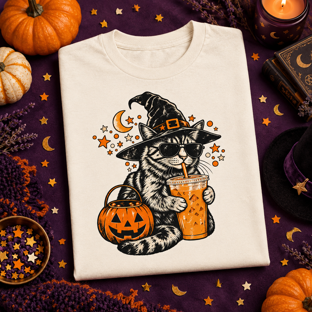 Witch Cat Iced Coffee Halloween Graphic Tee folded mockup in natural
