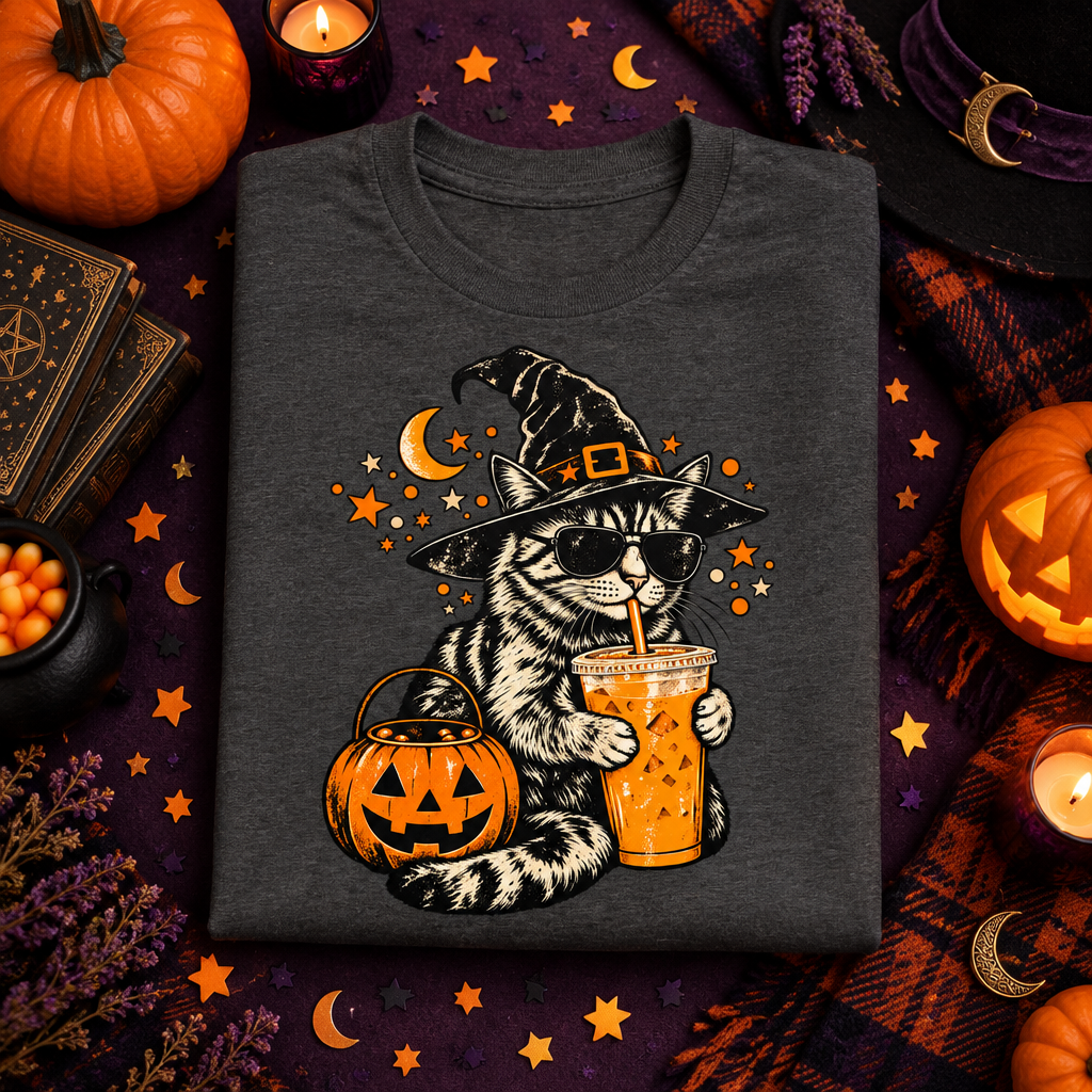 Witch Cat Iced Coffee Halloween Graphic Tee folded mockup in dark heather grey