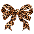 Leopard print bow PNG with realistic tan brown and black spotted ribbon texture and stitched edges