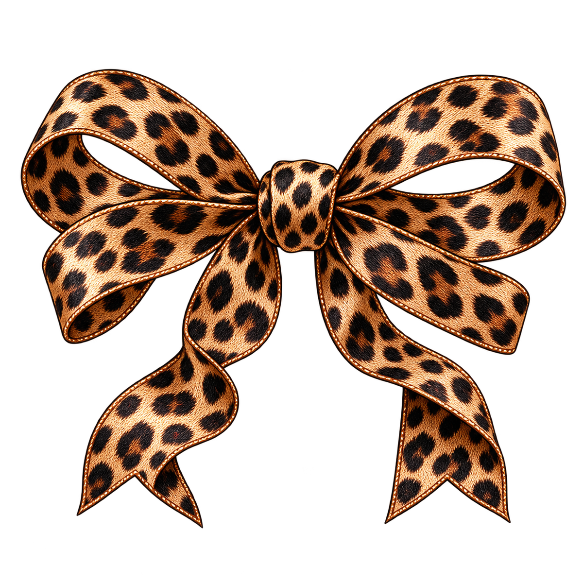 Leopard print bow PNG with realistic tan brown and black spotted ribbon texture and stitched edges