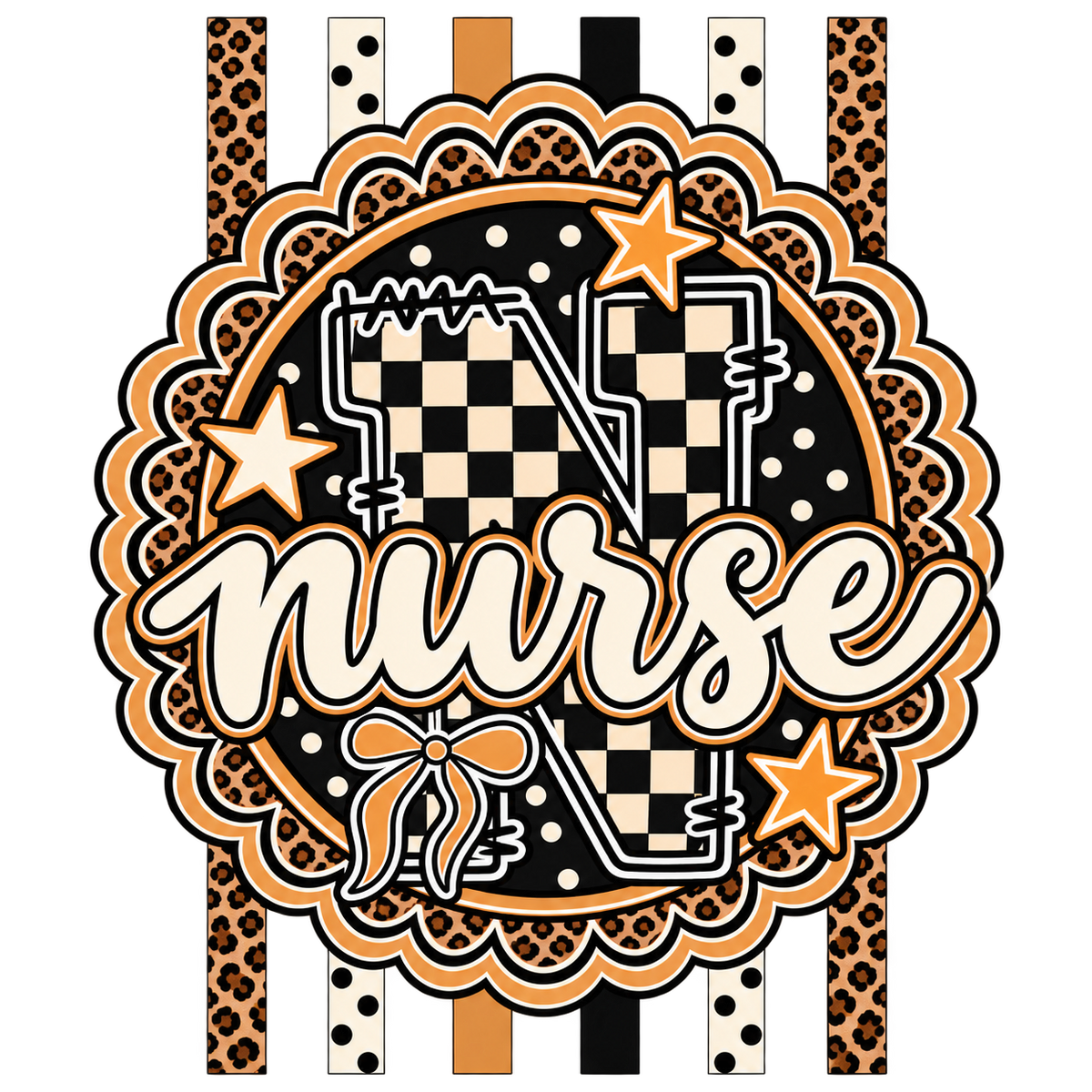 Nurse doodle letter PNG with checkered N, leopard print stripes, gold stars, polka dots, and script nurse text