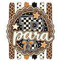 Para doodle letter PNG with checkered D, leopard print stripes, gold stars, polka dots, and script para text