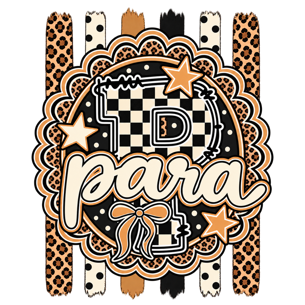 Para doodle letter PNG with checkered D, leopard print stripes, gold stars, polka dots, and script para text