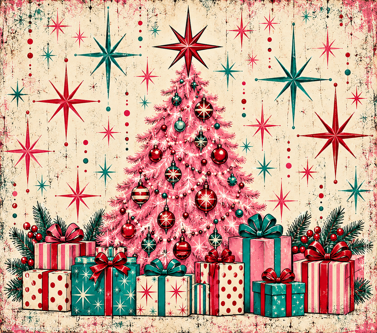 Pink Christmas Vintage Tree Tumbler Wrap Sublimation Design