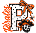 Pirates monogram PNG with distressed varsity P in orange and black, ribbon bow, pirate mascot and star