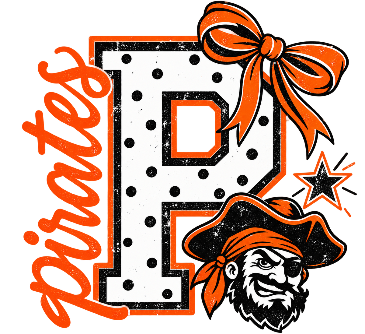 Pirates monogram PNG with distressed varsity P in orange and black, ribbon bow, pirate mascot and star