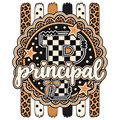Principal doodle letter PNG with checkered P, leopard print stripes, gold stars, polka dots, and script principal text