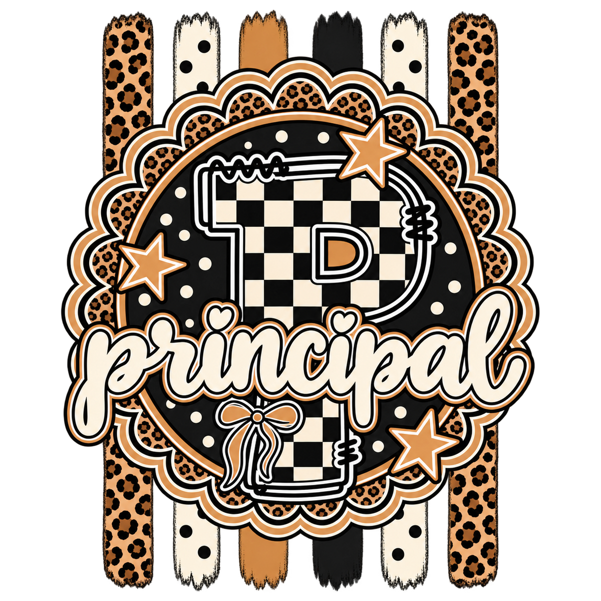 Principal doodle letter PNG with checkered P, leopard print stripes, gold stars, polka dots, and script principal text