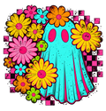Retro Floral Ghost PNG – teal ghost surrounded by colorful neon daisies on a pink checkered background