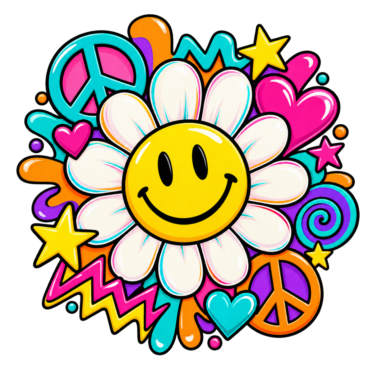 Retro Smiley Daisy Peace PNG