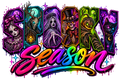 Neon Spooky Season PNG with Halloween characters in glowing letters including cracked doll, ghost bride, skeleton, scarecrow and black cat