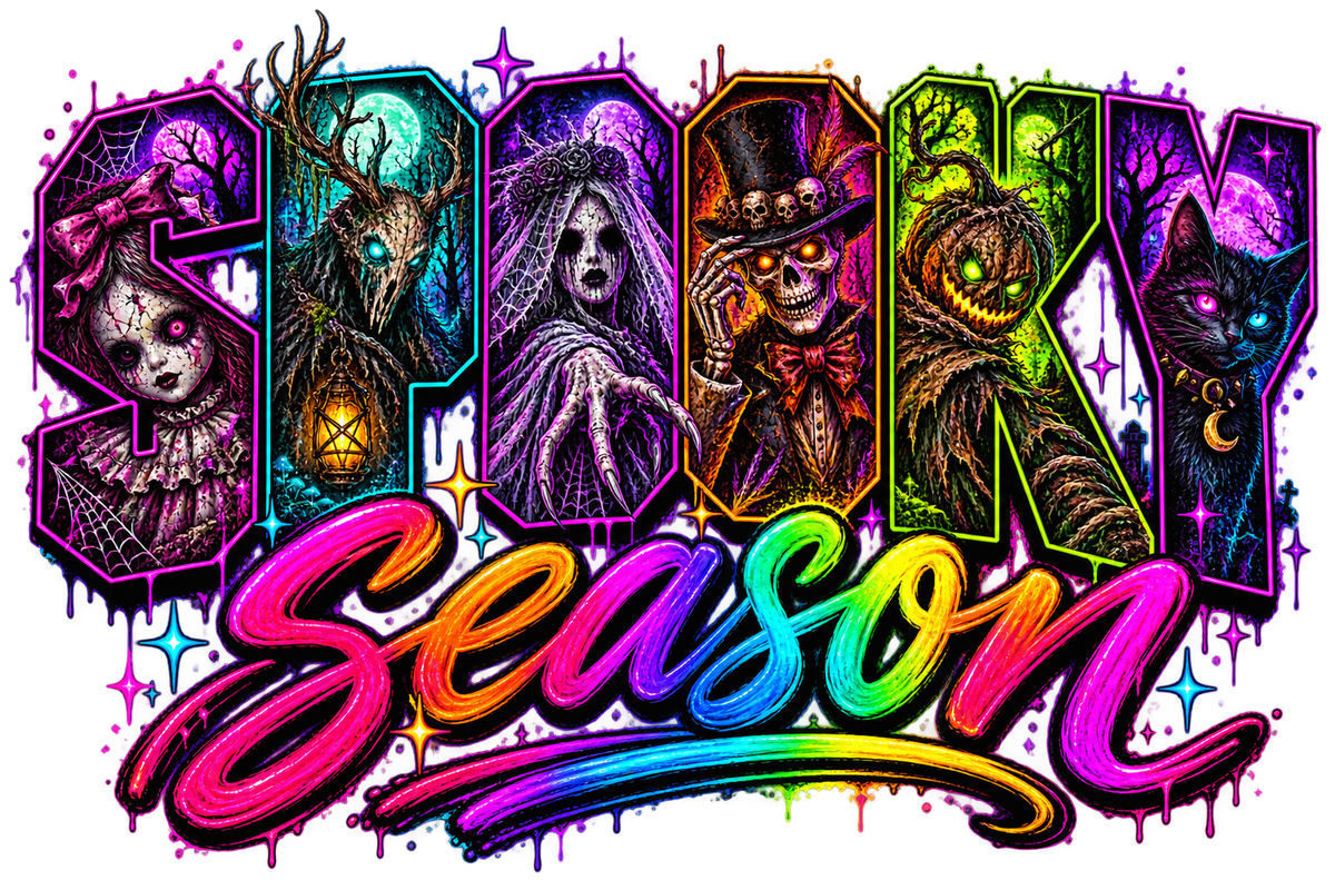 Neon Spooky Season PNG with Halloween characters in glowing letters including cracked doll, ghost bride, skeleton, scarecrow and black cat